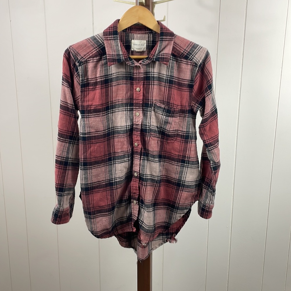 American Eagle Distressed Pink Plaid Flannel